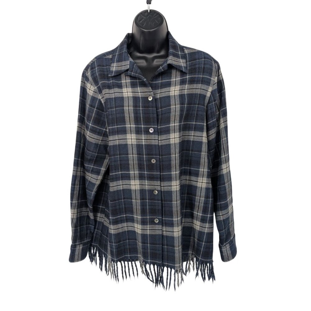 Vtg Wool Tartan Plaid Button Up Shacket Fringe Hem Academia Shirt   Boho Size 10